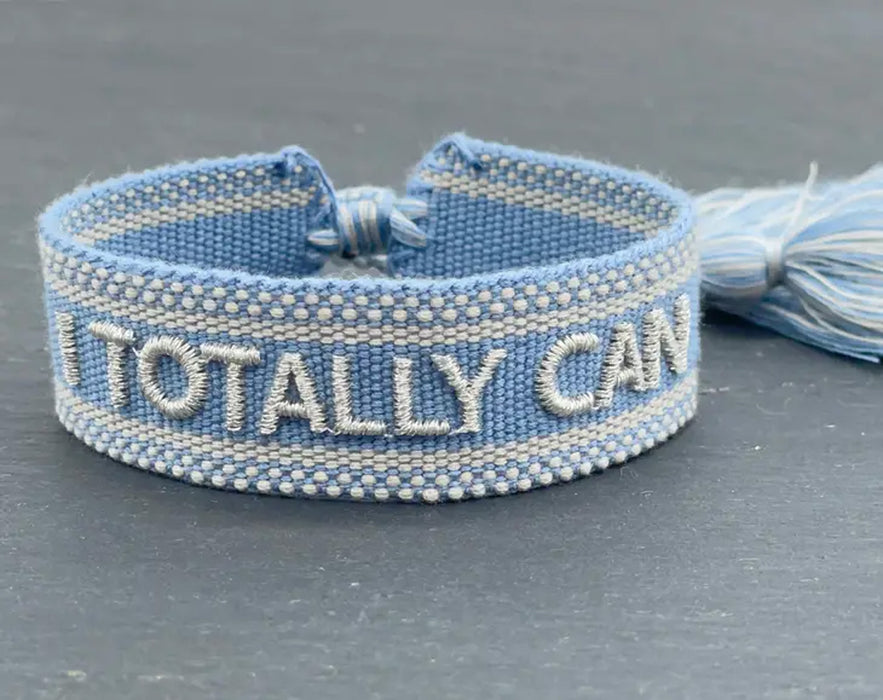 Canvas Statement Armband Totally Can Blau Silber besticktes Webarmband