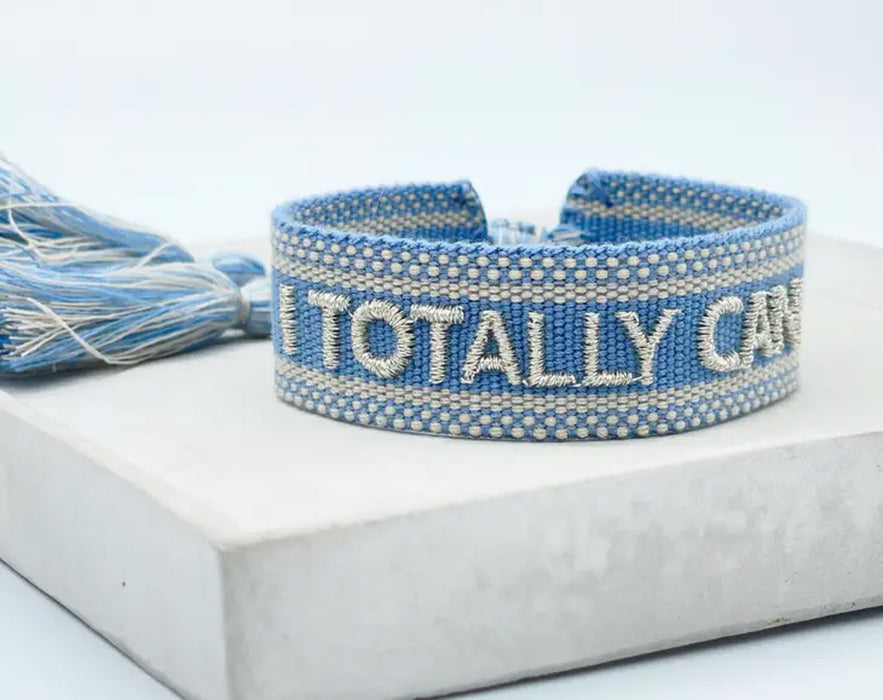 Canvas Statement Armband Totally Can Blau Silber besticktes Webarmband