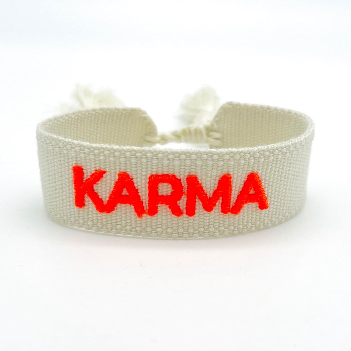 Canvas Statement Armband Karma Beige Neon besticktes Webarmband