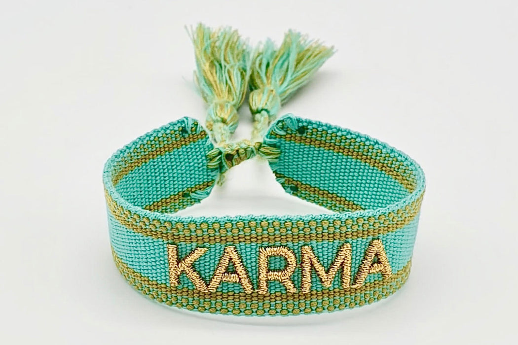 Canvas Statement Armband Karma Türkis Gold besticktes Webarmband