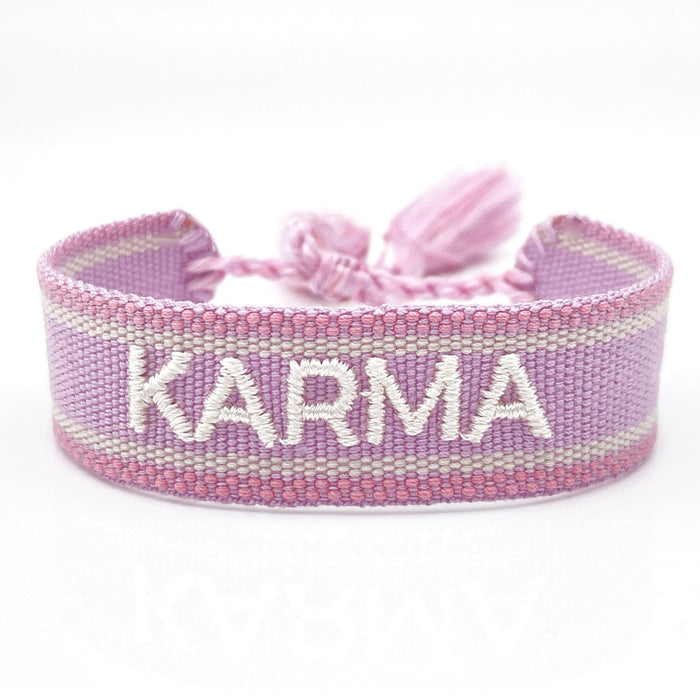 Canvas Statement Armband Karma Lila Flieder besticktes Webarmband