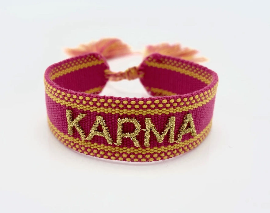 Canvas Statement Armband Karma Magenta Gold besticktes Webarmband