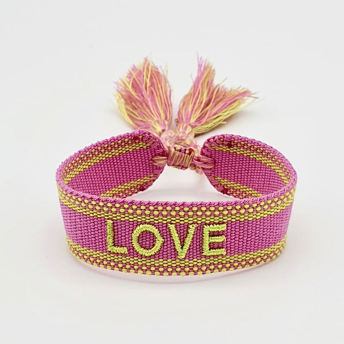 Canvas Statement Armband Love Lila Grün besticktes Webarmband