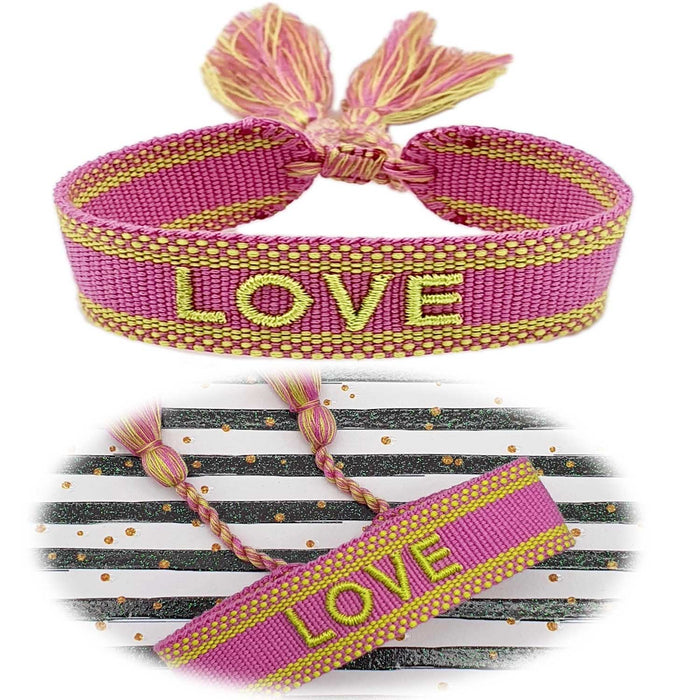 Canvas Statement Armband Love Lila Grün besticktes Webarmband