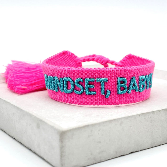 Canvas Statement Armband Mindset Baby Pink Türkis besticktes Webarmband