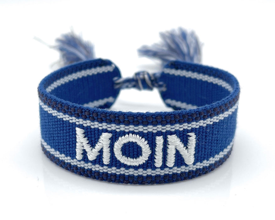 Canvas Statement Armband Moin Blau Weiß besticktes Webarmband