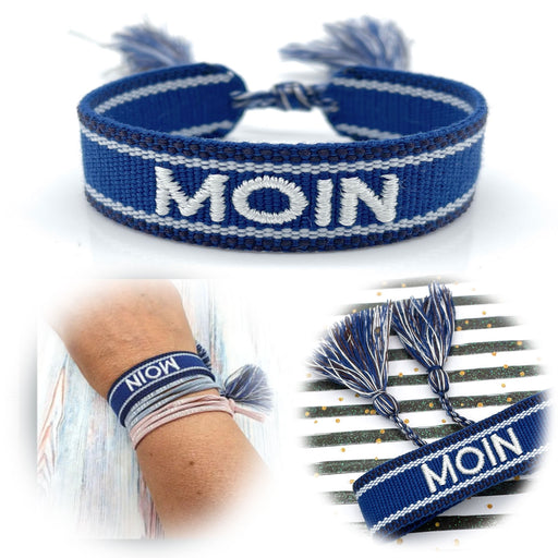 Canvas Statement Armband Moin Blau Weiß besticktes Webarmband