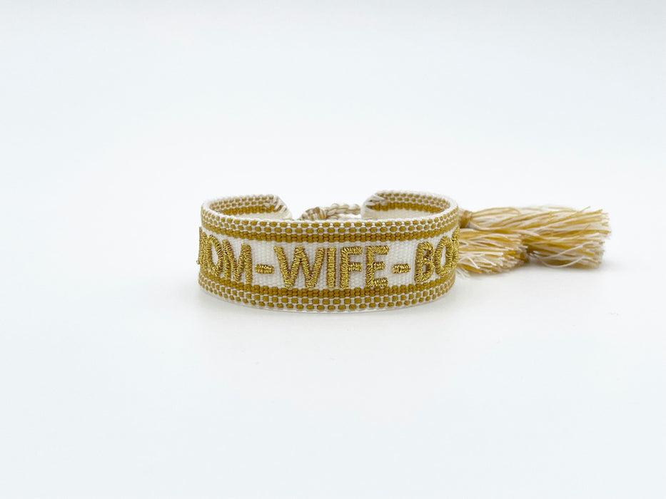 Canvas Statement Armband Mom Wife Boss Creme Gold besticktes Webarmband