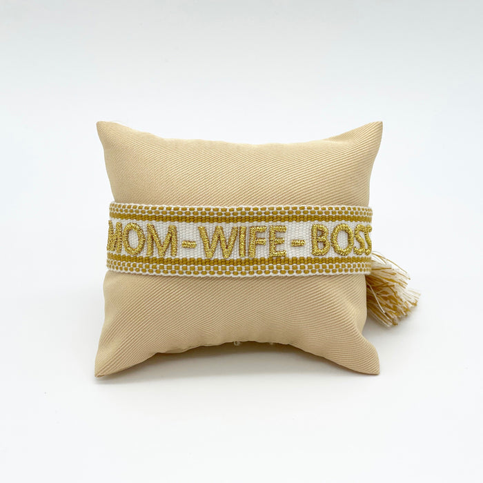 Canvas Statement Armband Mom Wife Boss Creme Gold besticktes Webarmband