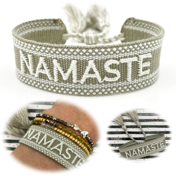 Canvas Statement Armband Namaste Grün Grau besticktes Webarmband