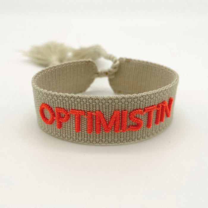 Canvas Statement Armband Optimistin Beige besticktes Webarmband