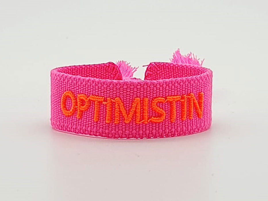 Canvas Statement Armband Optimistin Neon Pink Orange besticktes Webarmband