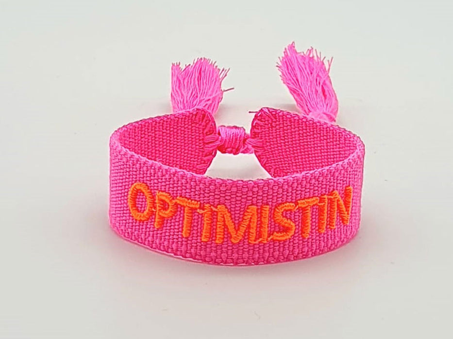 Canvas Statement Armband Optimistin Neon Pink Orange besticktes Webarmband