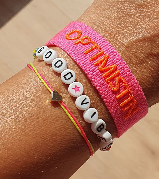 Canvas Statement Armband Optimistin Neon Pink Orange besticktes Webarmband