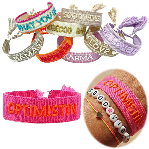 Canvas Statement Armband Optimistin Neon Pink Orange besticktes Webarmband