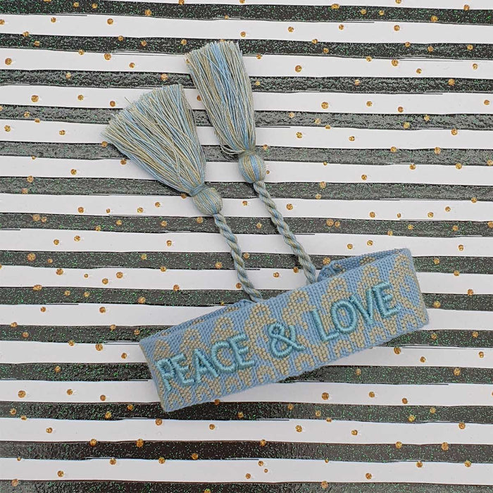 Canvas Statement Armband Peace & Love Blau besticktes Webarmband