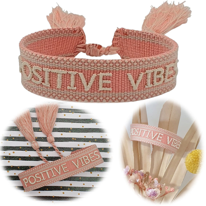 Canvas Statement Armband Positive Vibes Rosa Weiß besticktes Webarmband