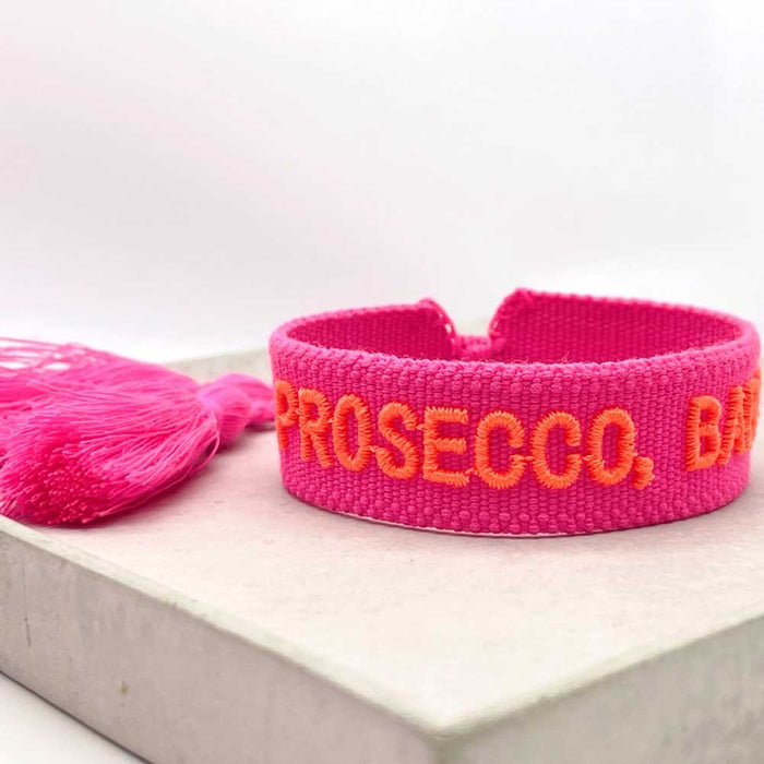 Canvas Statement Armband Prosecco Baby Neon Pink Orange besticktes Webarmband