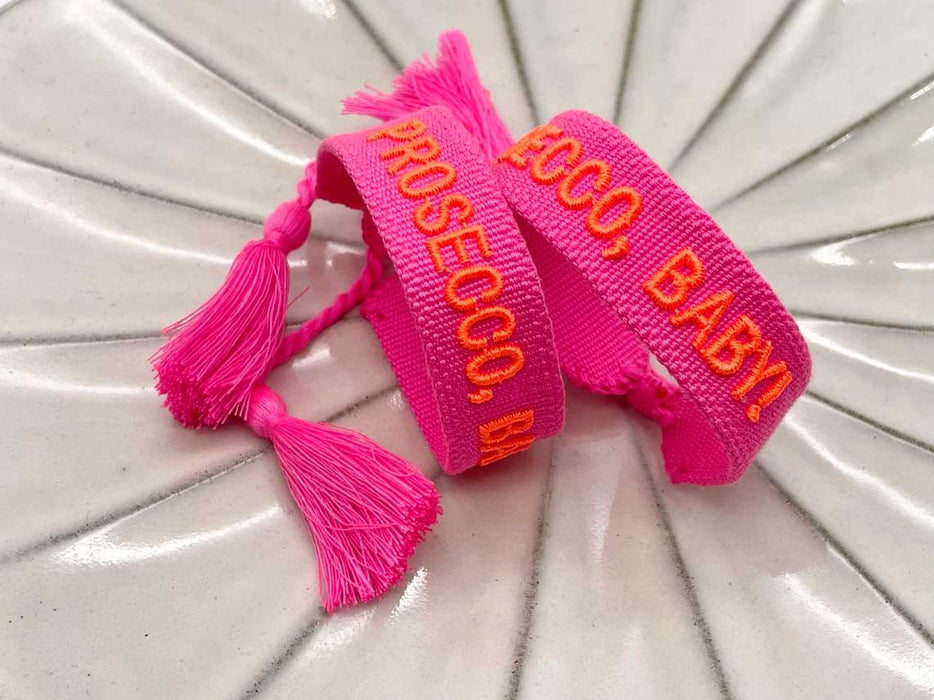 Canvas Statement Armband Prosecco Baby Neon Pink Orange besticktes Webarmband