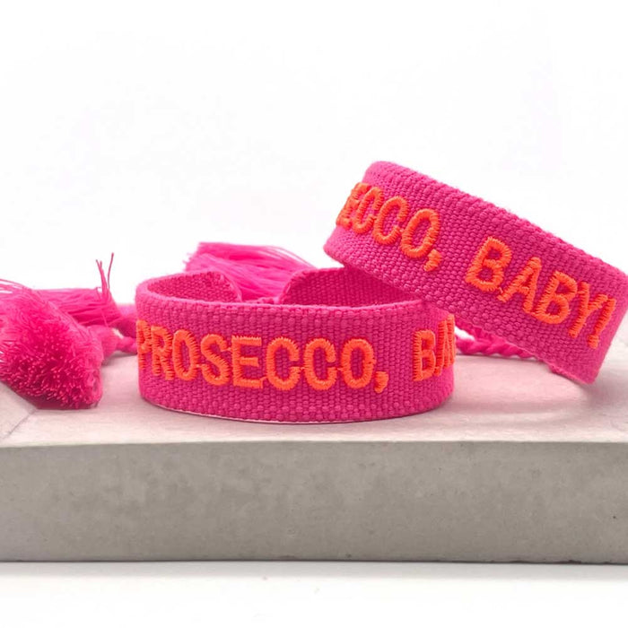 Canvas Statement Armband Prosecco Baby Neon Pink Orange besticktes Webarmband