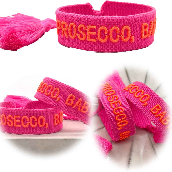 Canvas Statement Armband Prosecco Baby Neon Pink Orange besticktes Webarmband