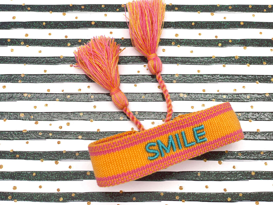 Canvas Statement Armband Smile Orange Türkis besticktes Webarmband