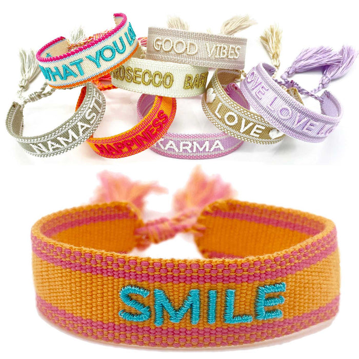 Canvas Statement Armband Smile Orange Türkis besticktes Webarmband