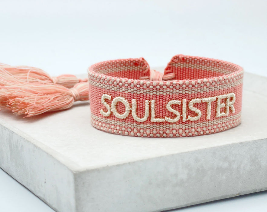 Canvas Statement Armband Soulsister Rosa Weiß besticktes Webarmband