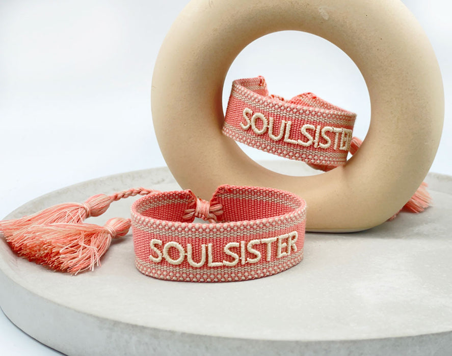 Canvas Statement Armband Soulsister Rosa Weiß besticktes Webarmband