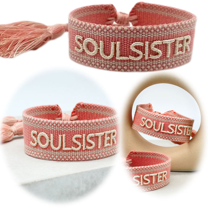 Canvas Statement Armband Soulsister Rosa Weiß besticktes Webarmband