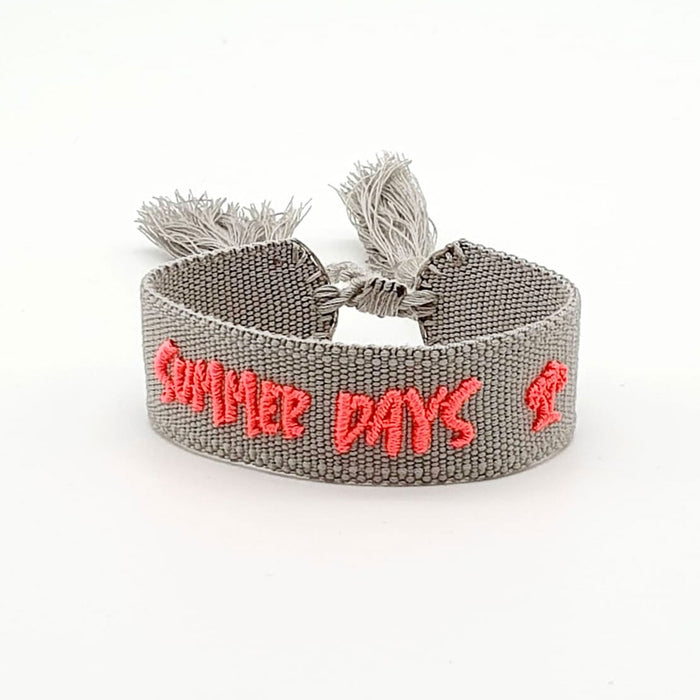 Canvas Statement Armband Summer Days Grau Neon Pink besticktes Webarmband