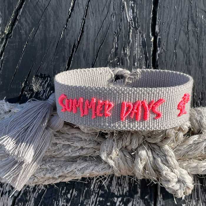 Canvas Statement Armband Summer Days Grau Neon Pink besticktes Webarmband