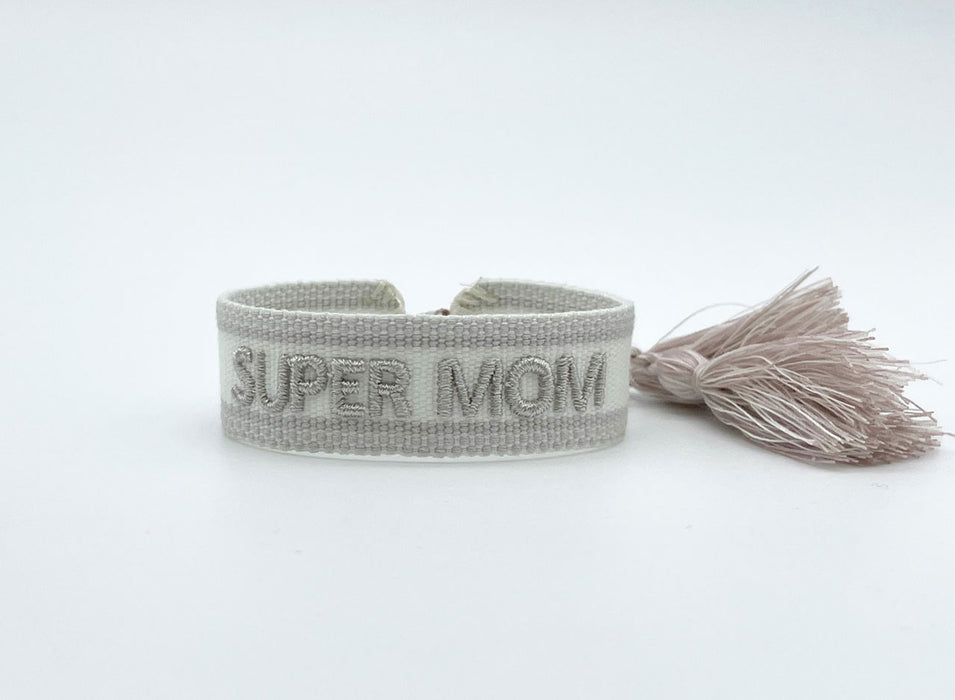 Canvas Statement Armband Super Mom Silber Grau besticktes Webarmband