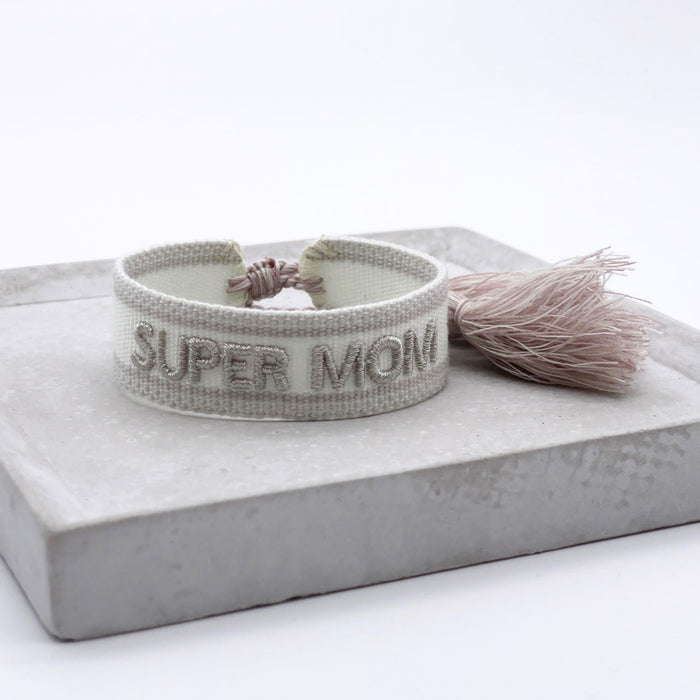 Canvas Statement Armband Super Mom Silber Grau besticktes Webarmband