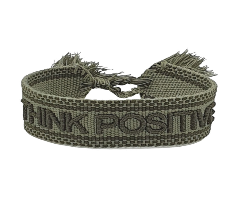 Canvas Statement Armband Think Positive Khaki Grün besticktes Webarmband