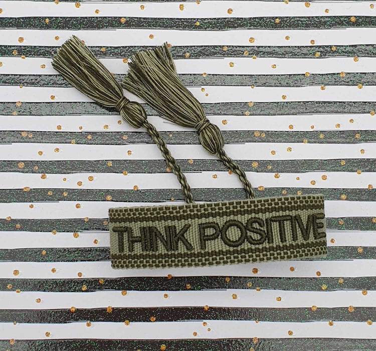 Canvas Statement Armband Think Positive Khaki Grün besticktes Webarmband