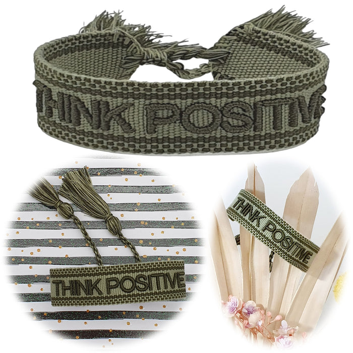 Canvas Statement Armband Think Positive Khaki Grün besticktes Webarmband