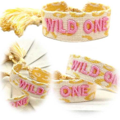 Canvas Statement Armband Wild One Gelb Rose Pink besticktes Webarmband