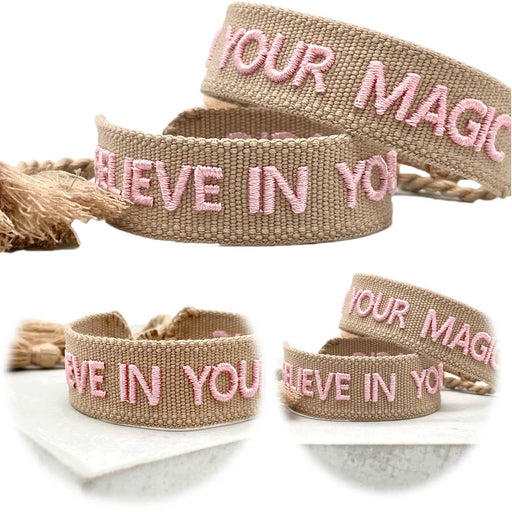 Canvas Statement Armband Believe in Your Magic Taupe Rose besticktes Webarmband