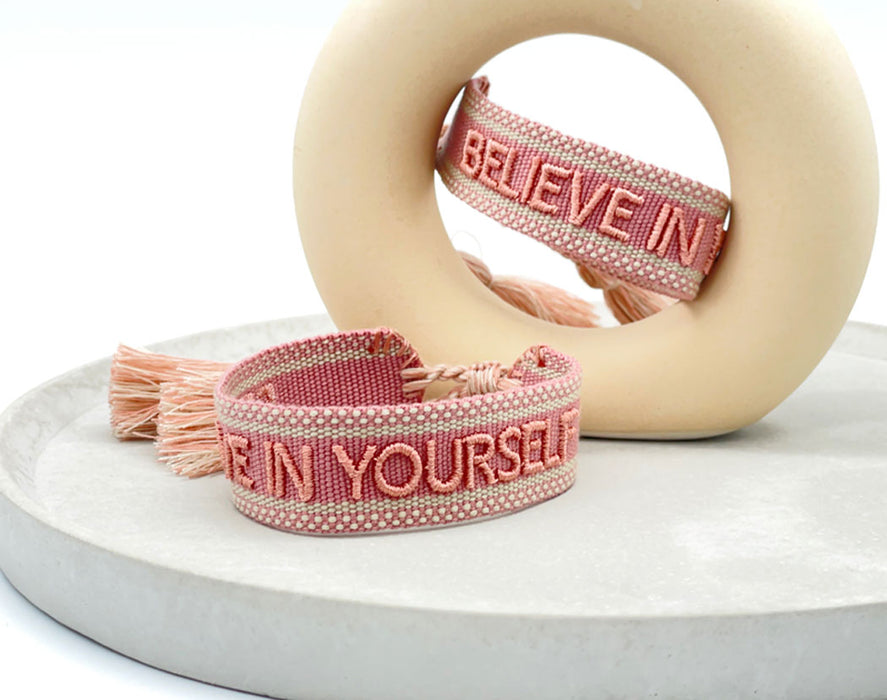 Canvas Statement Armband Believe in Yourself Rose Altrosa besticktes Webarmband