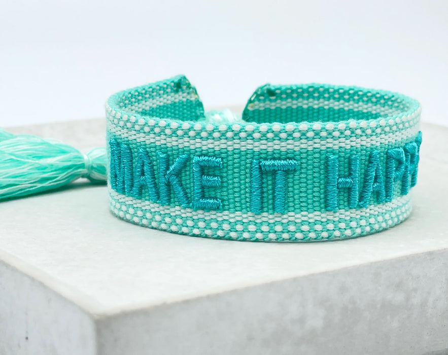 Canvas Statement Armband Make it Happen Türkis Blau besticktes Webarmband