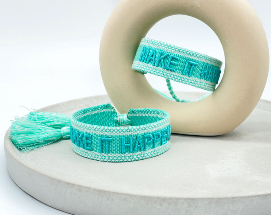 Canvas Statement Armband Make it Happen Türkis Blau besticktes Webarmband