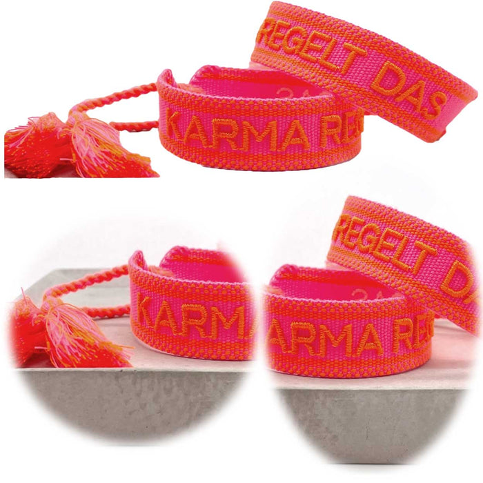 Canvas Statement Armband Karma regelt das Neon Pink Orange besticktes Webarmband