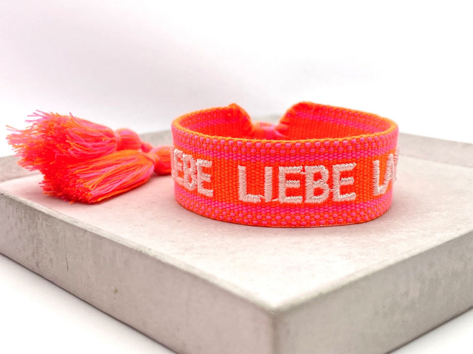 Canvas Statement Armband Lebe Liebe Lache Neon Orange Pink besticktes Webarmband