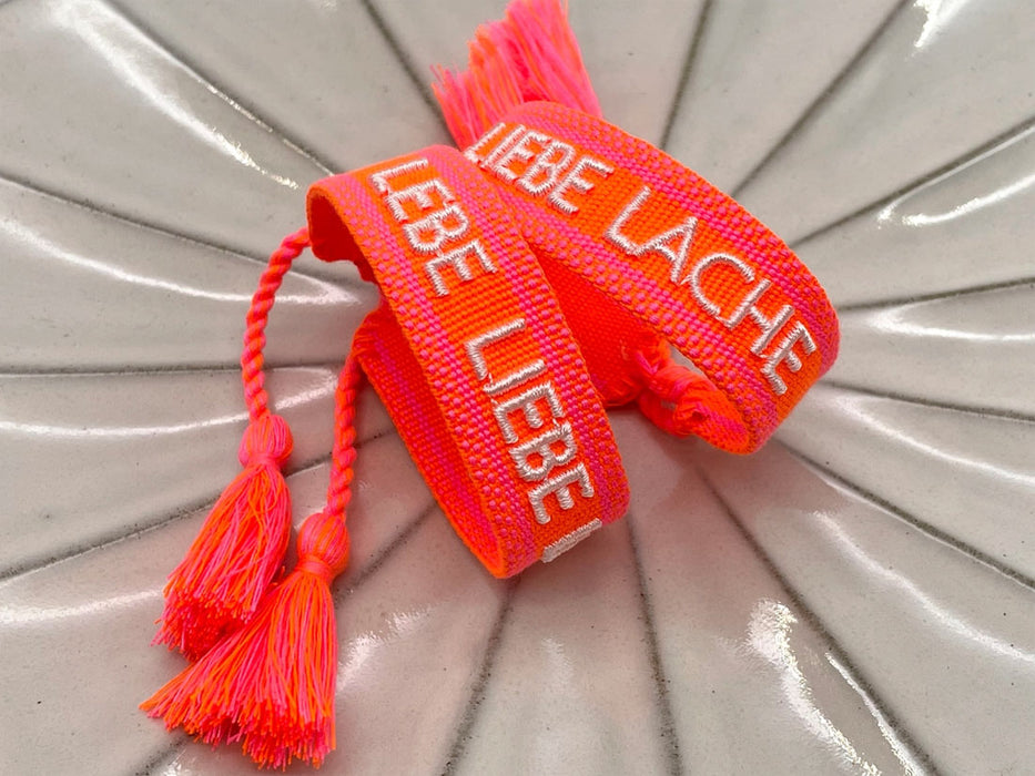 Canvas Statement Armband Lebe Liebe Lache Neon Orange Pink besticktes Webarmband