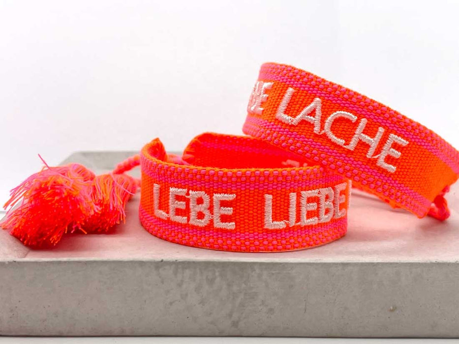 Canvas Statement Armband Lebe Liebe Lache Neon Orange Pink besticktes Webarmband