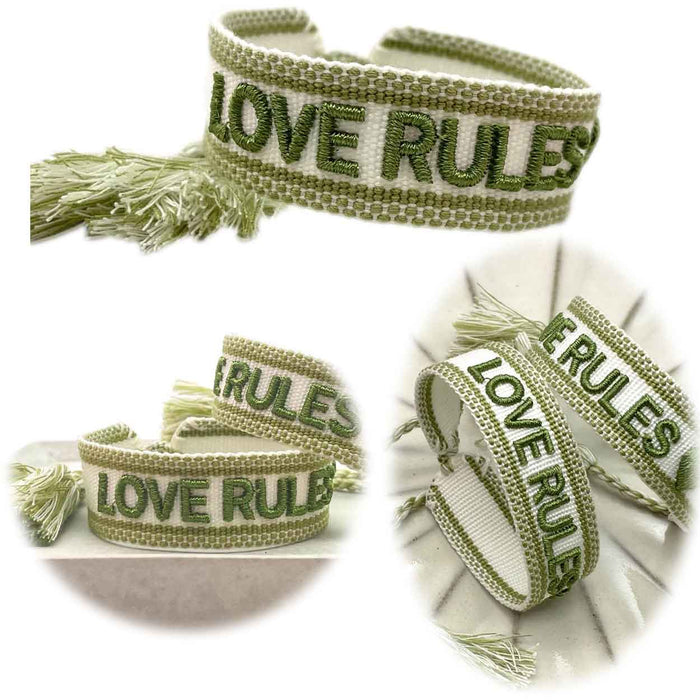 Canvas Statement Armband Love Rules Weiß Grün besticktes Webarmband