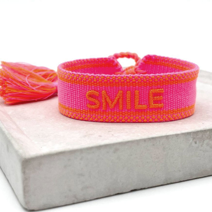 Canvas Statement Armband Smile Neon Pink Orange besticktes Webarmband