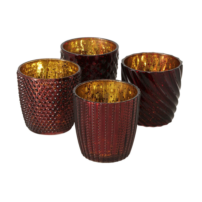 4´er Set Glas Teelichthalter Retro Braun Rot Gold 9cm Teelichtglas Windlicht-Halter