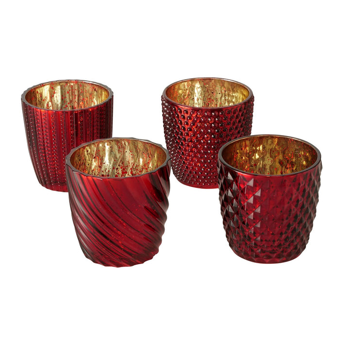 4´er Set Glas Teelichthalter Retro Rot Gold 9cm Teelichtglas Windlicht-Halter